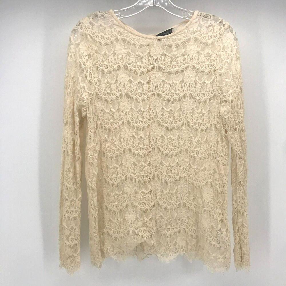 Topshop Top Womens 10 Ivory Lace Stretch Long Sleeve Back Button Closure Sheer